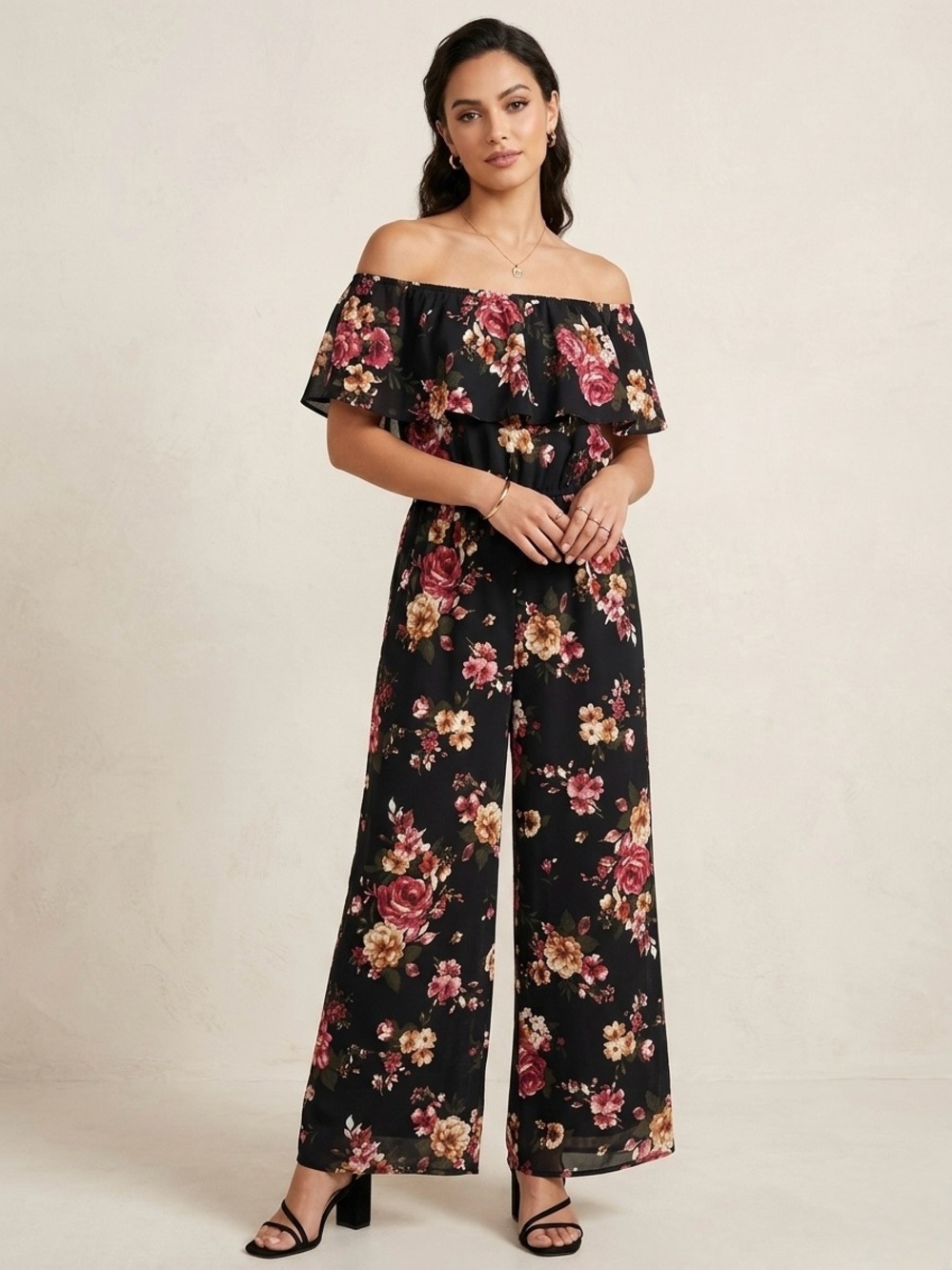 E&M Floral Off The Shoulder Jumpsuit Black Pink Wide Leg Ruffle Romper Size M
